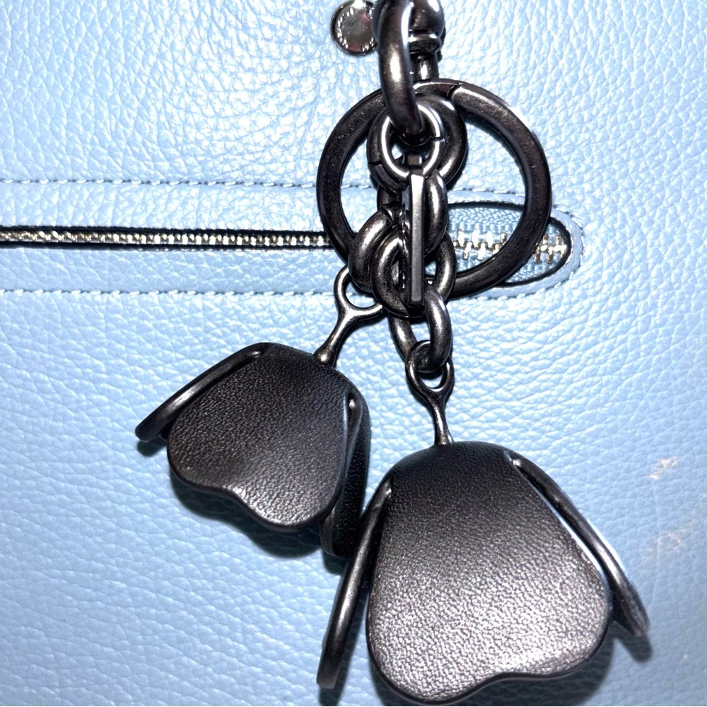 Coach Black Leather Floral Tea Rose Keychain Bag Charm - Picture 5 of 11